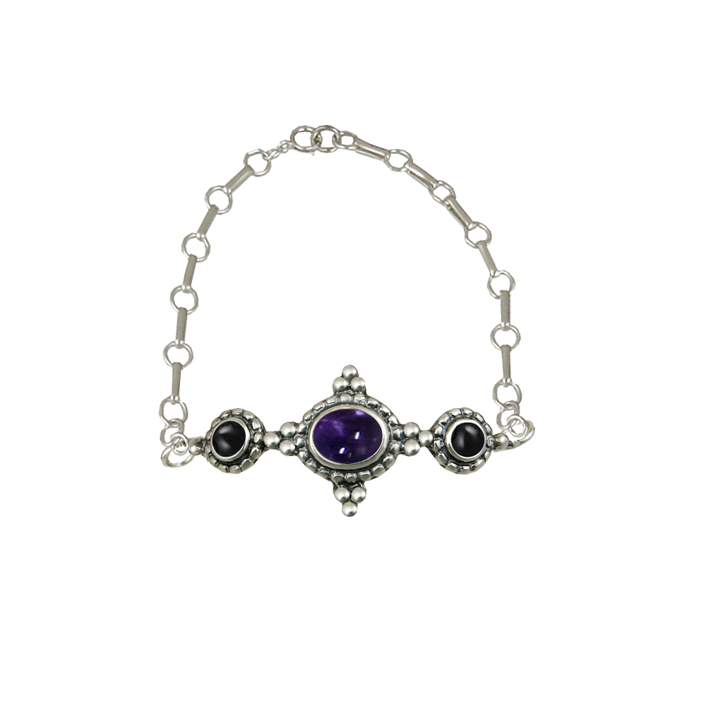 Sterling Silver Gemstone Adjustable Chain Bracelet With Iolite And Black Onyx